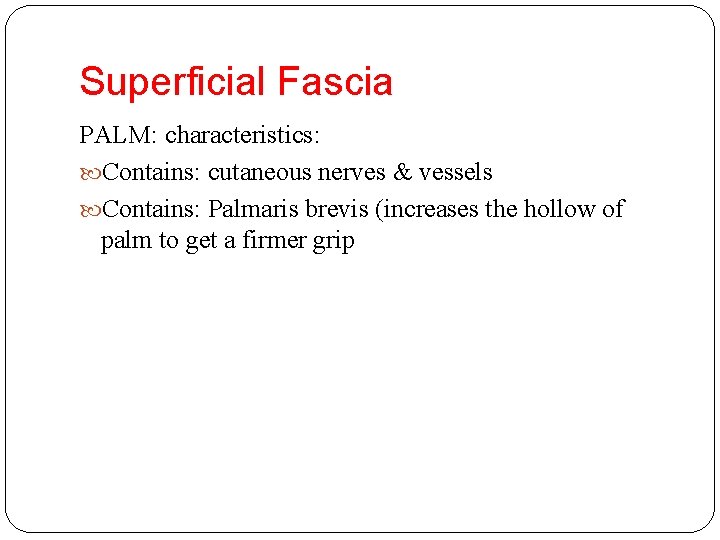 Superficial Fascia PALM: characteristics: Contains: cutaneous nerves & vessels Contains: Palmaris brevis (increases the