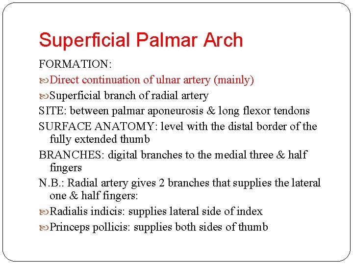 Superficial Palmar Arch FORMATION: Direct continuation of ulnar artery (mainly) Superficial branch of radial