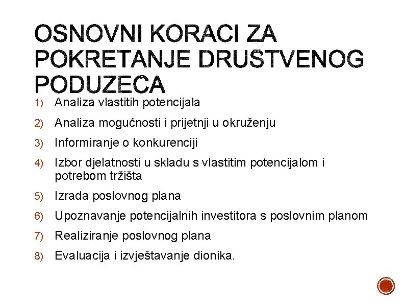 1) Analiza vlastitih potencijala 2) Analiza mogućnosti i prijetnji u okruženju 3) Informiranje o