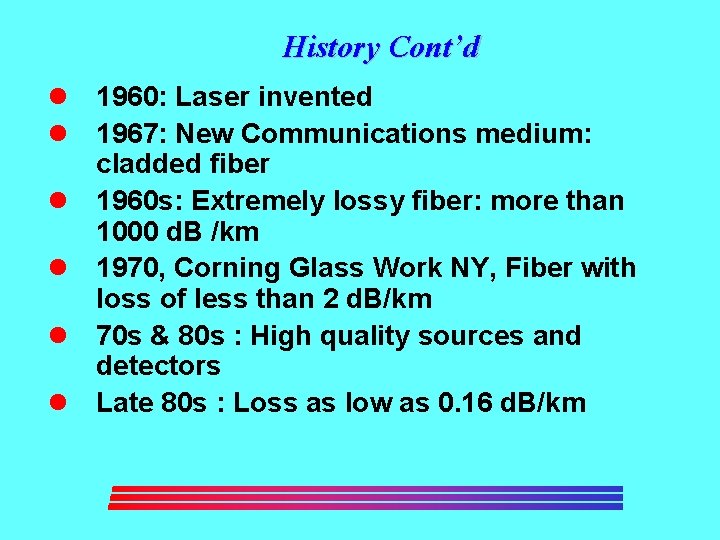 History Cont’d l 1960: Laser invented l 1967: New Communications medium: cladded fiber l