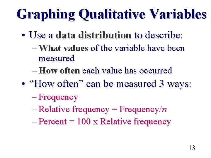 Graphing Qualitative Variables • Use a data distribution to describe: – What values of