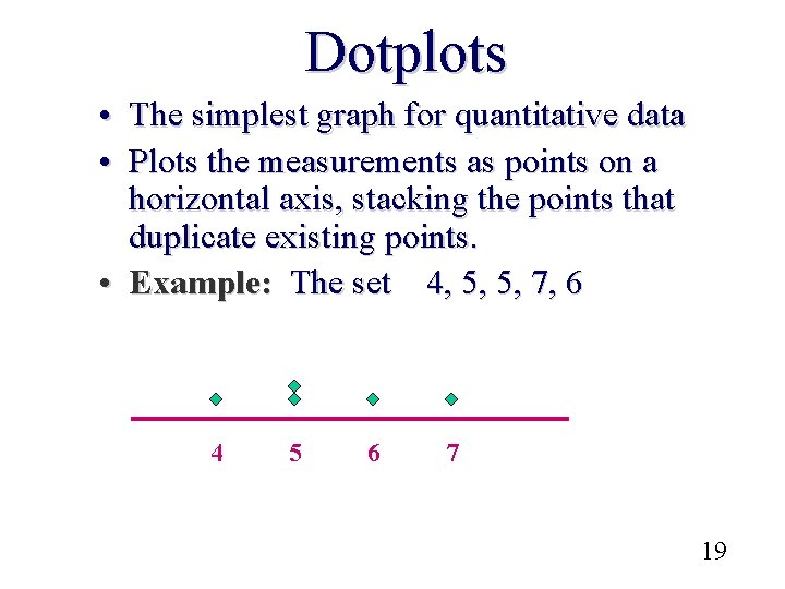 Dotplots • The simplest graph for quantitative data • Plots the measurements as points