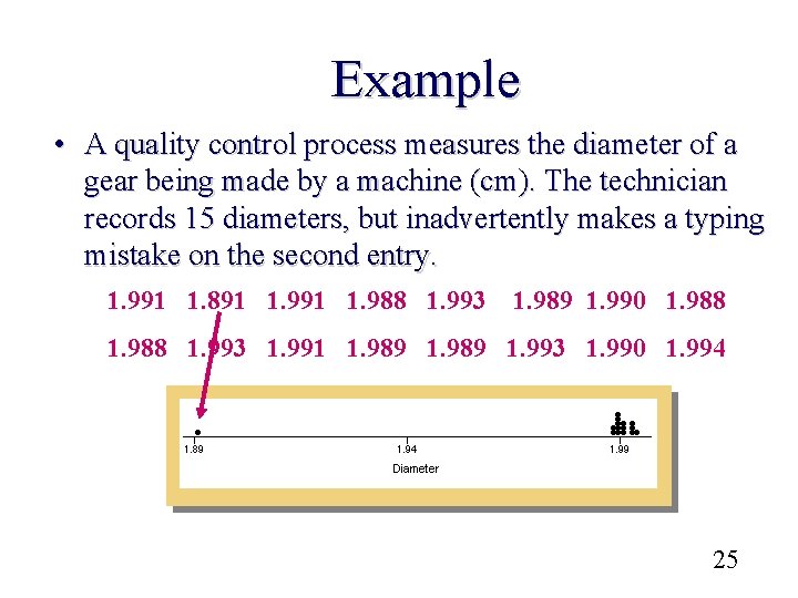 Example • A quality control process measures the diameter of a gear being made