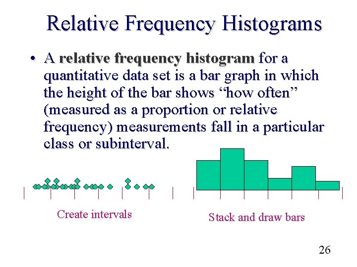 Relative Frequency Histograms • A relative frequency histogram for a quantitative data set is