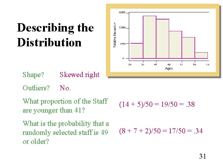 Describing the Distribution Shape? Skewed right Outliers? No. What proportion of the Staff are