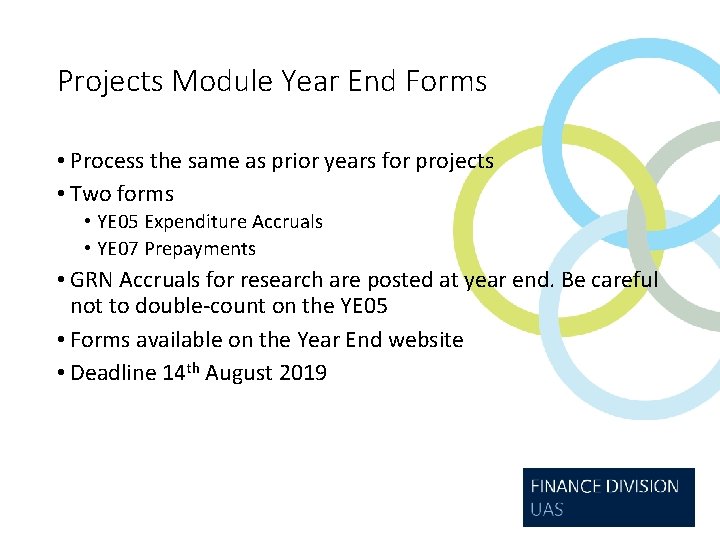 Projects Module Year End Forms • Process the same as prior years for projects