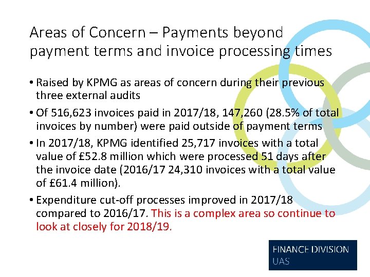 Areas of Concern – Payments beyond payment terms and invoice processing times • Raised