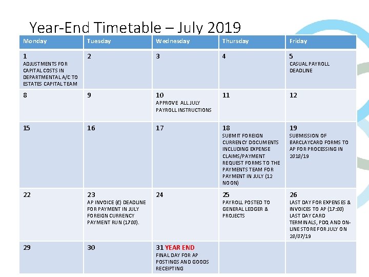 Year-End Timetable – July 2019 Monday Tuesday Wednesday Thursday Friday 1 2 3 4