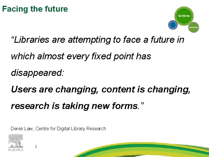 Facing the future “Libraries are attempting to face a future in which almost every