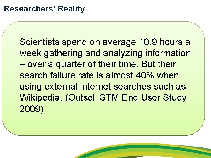 Researchers’ Reality Scientists spend on average 10. 9 hours a week gathering and analyzing