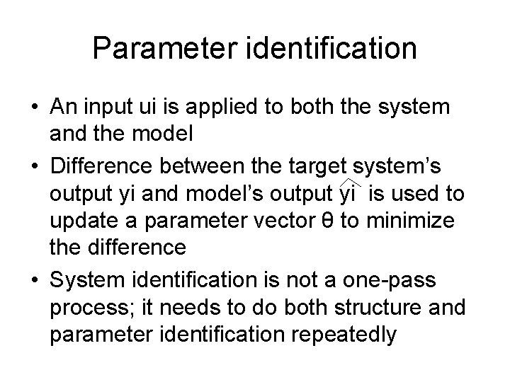 Parameter identification • An input ui is applied to both the system and the