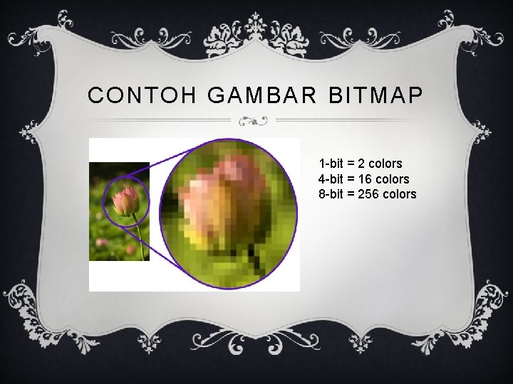 CONTOH GAMBAR BITMAP 1 -bit = 2 colors 4 -bit = 16 colors 8