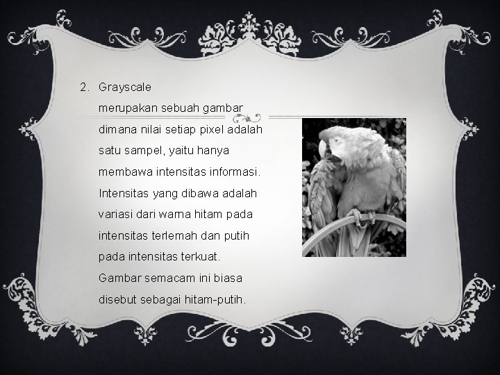 2. Grayscale merupakan sebuah gambar dimana nilai setiap pixel adalah satu sampel, yaitu hanya
