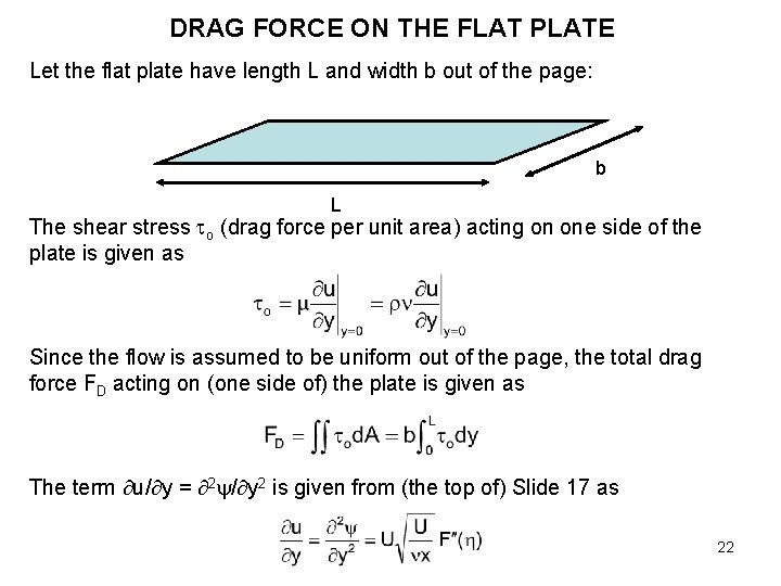 DRAG FORCE ON THE FLAT PLATE Let the flat plate have length L and