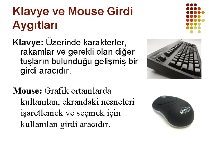 Klavye ve Mouse Girdi Aygıtları Klavye: Üzerinde karakterler, rakamlar ve gerekli olan diğer tuşların