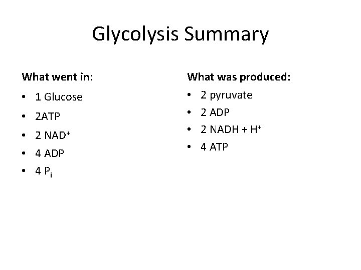 Glycolysis Summary What went in: What was produced: • 1 Glucose • • •