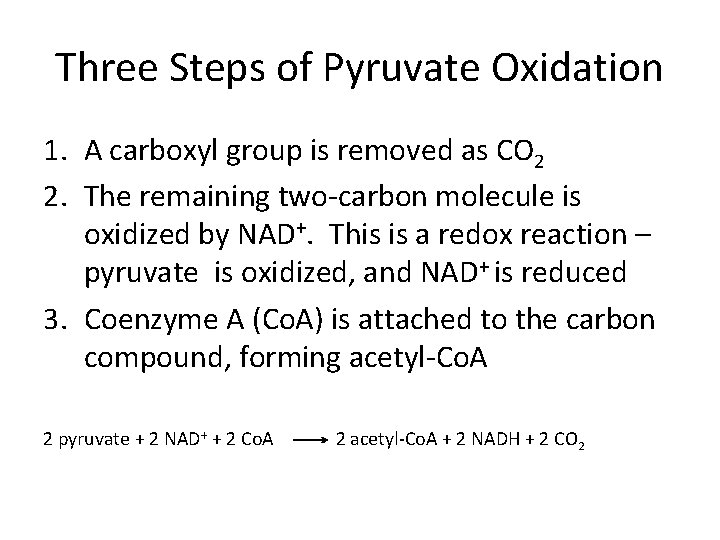Three Steps of Pyruvate Oxidation 1. A carboxyl group is removed as CO 2
