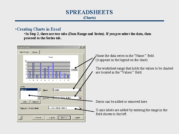 SPREADSHEETS (Charts) • Creating Charts in Excel • In Step 2, there are two