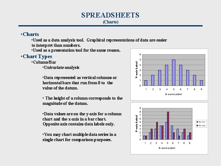 SPREADSHEETS (Charts) • Charts • Used as a data analysis tool. Graphical representations of