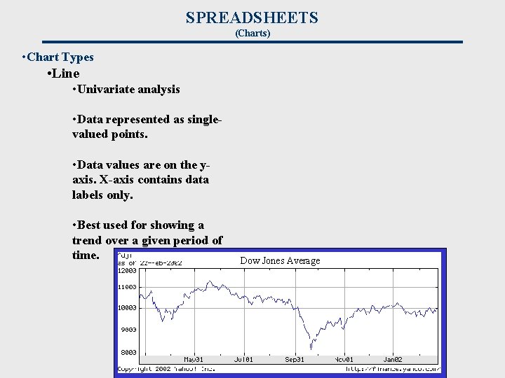 SPREADSHEETS (Charts) • Chart Types • Line • Univariate analysis • Data represented as