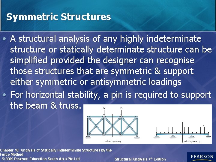 Symmetric Structures • A structural analysis of any highly indeterminate structure or statically determinate