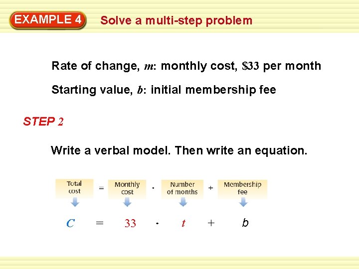 EXAMPLE 4 Solve a multi-step problem Rate of change, m: monthly cost, $33 per