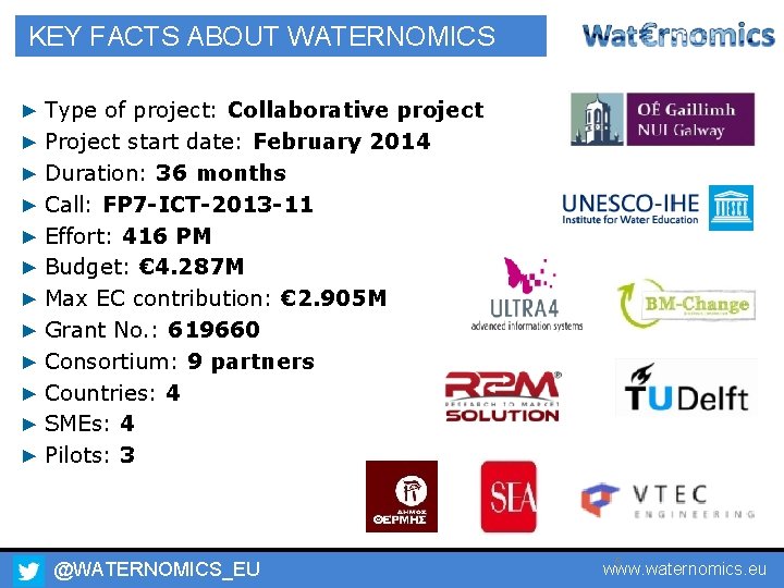 KEY FACTS ABOUT WATERNOMICS ▶ Type of project: Collaborative project ▶ Project start date: