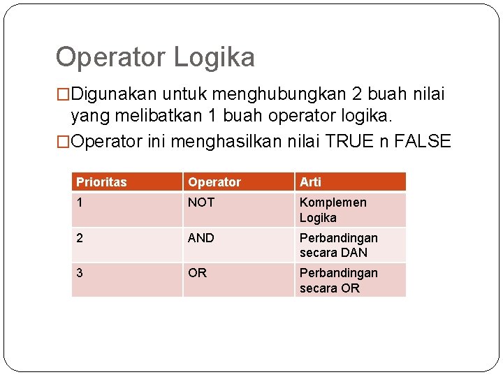 Operator Logika �Digunakan untuk menghubungkan 2 buah nilai yang melibatkan 1 buah operator logika.