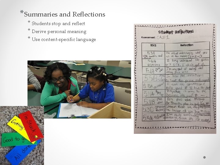 *Summaries and Reflections * Students stop and reflect * Derive personal meaning * Use