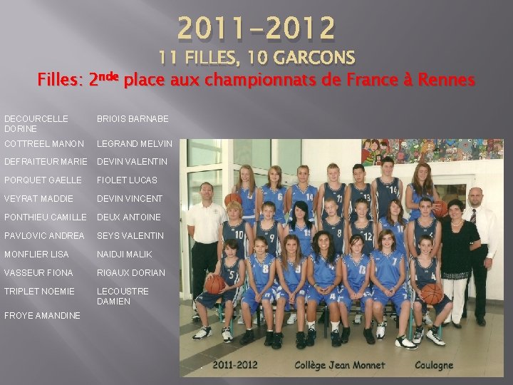 2011 -2012 11 FILLES, 10 GARCONS Filles: 2 nde place aux championnats de France