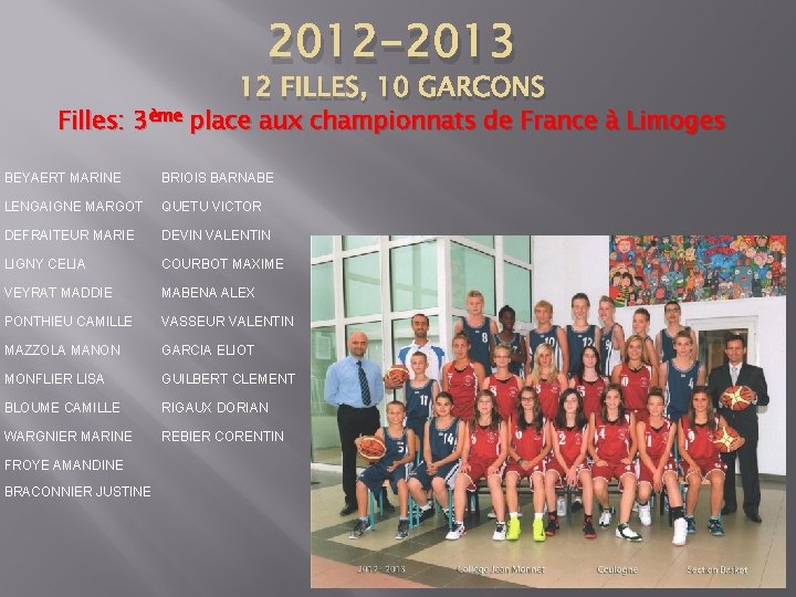 2012 -2013 12 FILLES, 10 GARCONS Filles: 3ème place aux championnats de France à