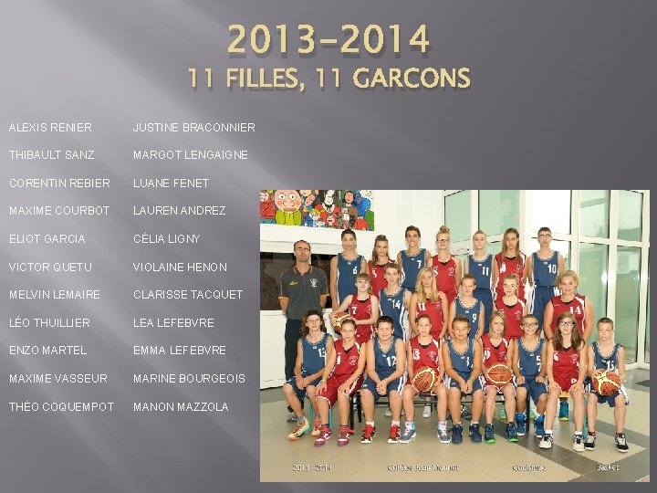 2013 -2014 11 FILLES, 11 GARCONS ALEXIS RENIER JUSTINE BRACONNIER THIBAULT SANZ MARGOT LENGAIGNE