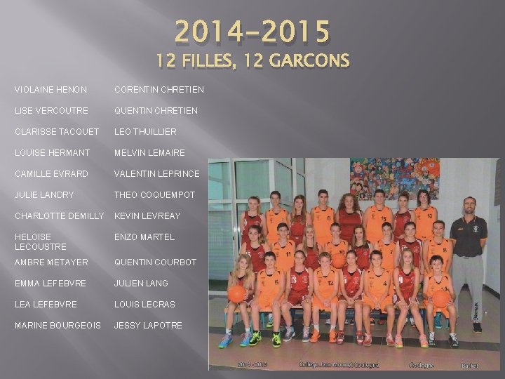 2014 -2015 12 FILLES, 12 GARCONS VIOLAINE HENON CORENTIN CHRETIEN LISE VERCOUTRE QUENTIN CHRETIEN