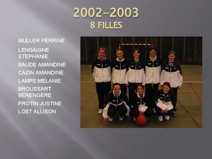 2002 -2003 8 FILLES MULLER PERRINE LENGAIGNE STEPHANIE BAUDE AMANDINE CAZIN AMANDINE LAMPS MELANIE