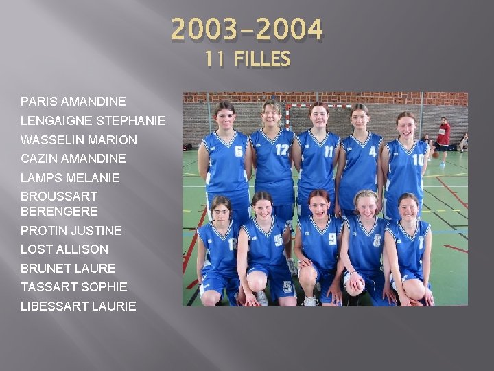 2003 -2004 11 FILLES PARIS AMANDINE LENGAIGNE STEPHANIE WASSELIN MARION CAZIN AMANDINE LAMPS MELANIE