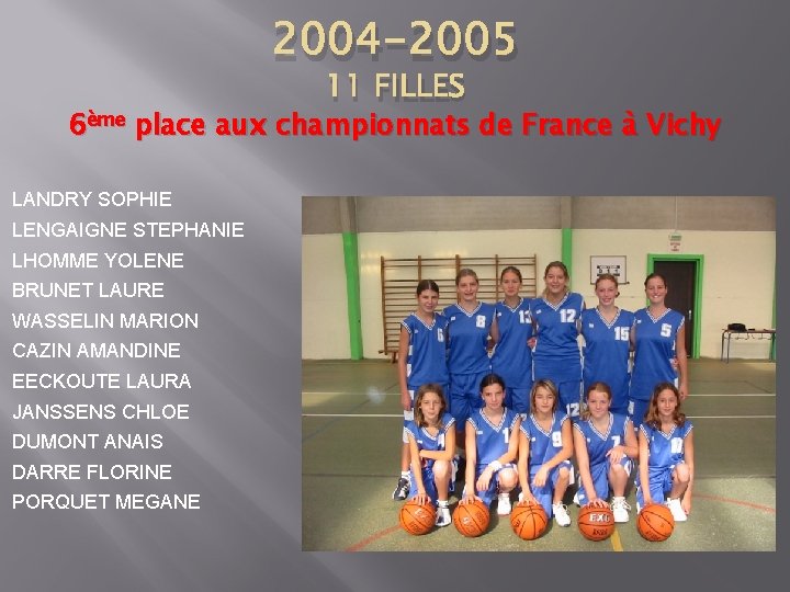 2004 -2005 11 FILLES 6ème place aux championnats de France à Vichy LANDRY SOPHIE