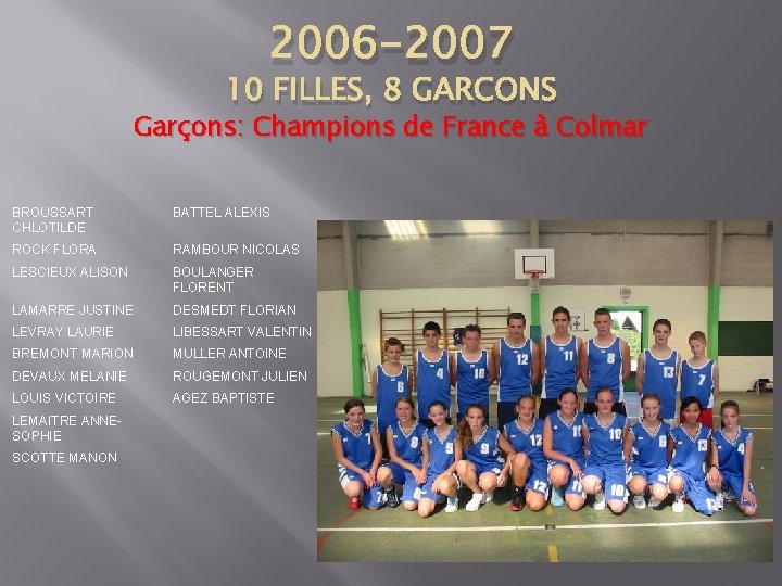 2006 -2007 10 FILLES, 8 GARCONS Garçons: Champions de France à Colmar BROUSSART CHLOTILDE