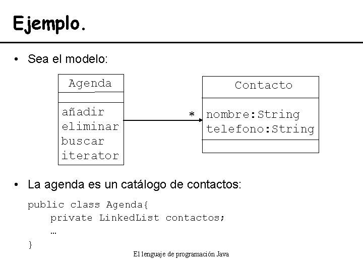 Ejemplo. • Sea el modelo: Agenda Contacto añadir eliminar buscar iterator * nombre: String