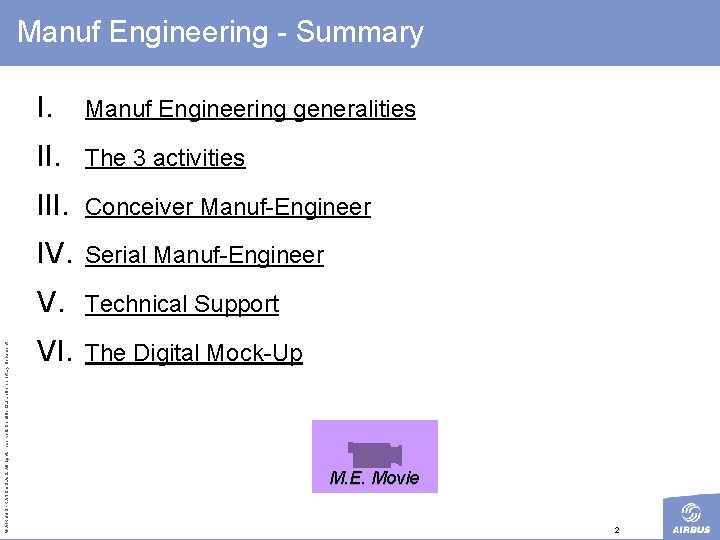 Manuf Engineering - Summary I. Manuf Engineering generalities II. The 3 activities III. Conceiver