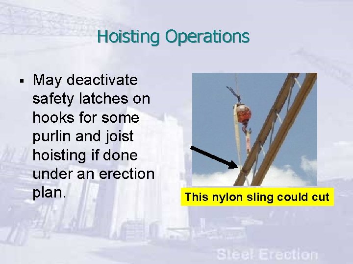 Hoisting Operations § May deactivate safety latches on hooks for some purlin and joist