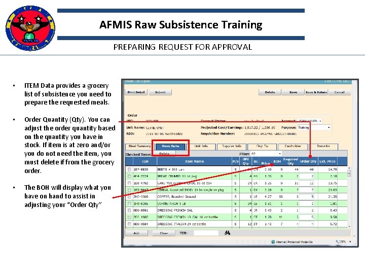 AFMIS Raw Subsistence Training PREPARING REQUEST FOR APPROVAL • ITEM Data provides a grocery