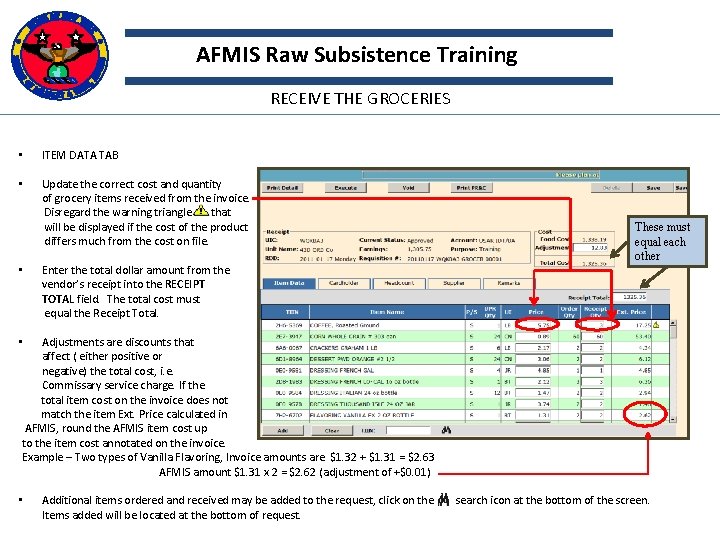 AFMIS Raw Subsistence Training RECEIVE THE GROCERIES • ITEM DATA TAB Update the correct