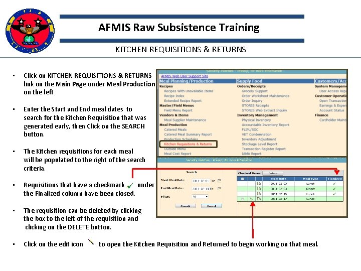 AFMIS Raw Subsistence Training KITCHEN REQUISITIONS & RETURNS • Click on KITCHEN REQUISITIONS &