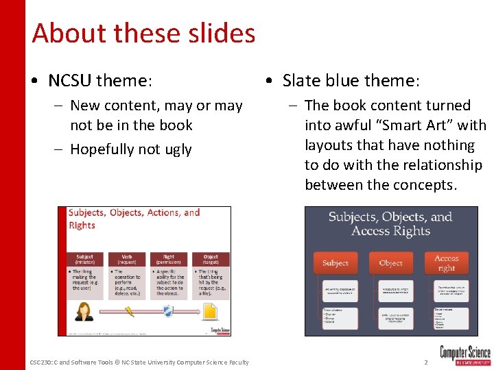 About these slides • NCSU theme: – New content, may or may not be