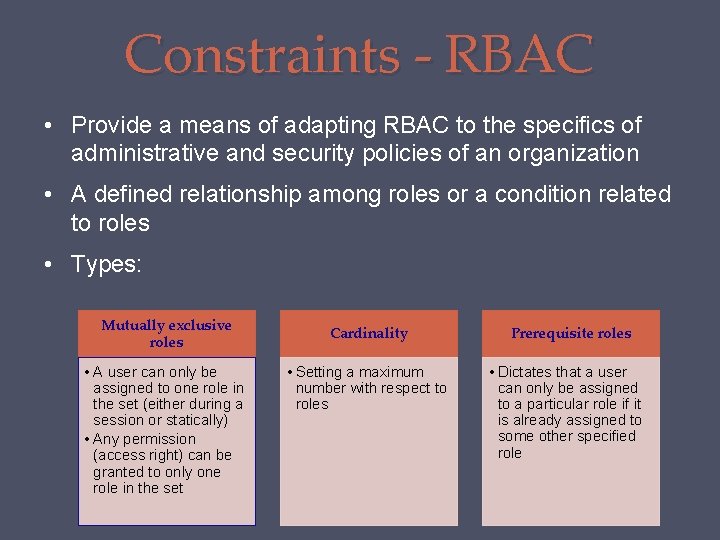 Constraints - RBAC • Provide a means of adapting RBAC to the specifics of