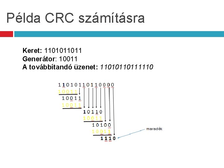 Példa CRC számításra Keret: 1101011011 Generátor: 10011 A továbbítandó üzenet: 11010110111110 
