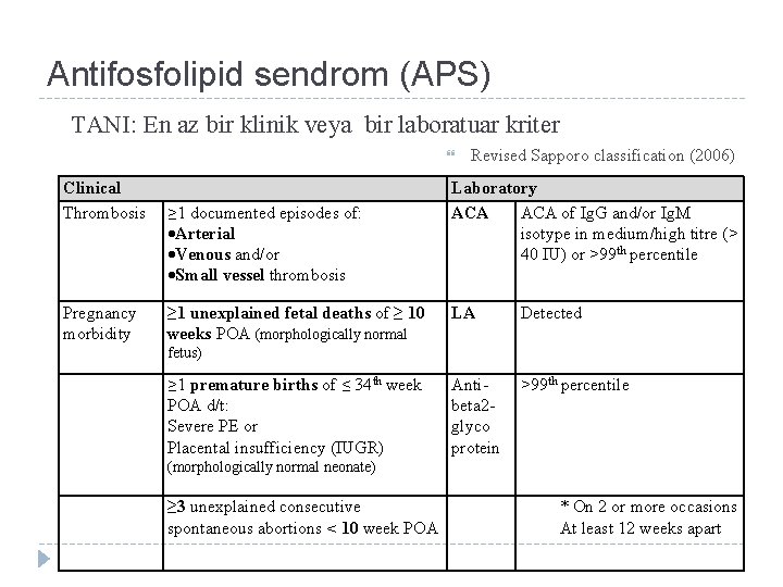 Antifosfolipid sendrom (APS) TANI: En az bir klinik veya bir laboratuar kriter Clinical Thrombosis