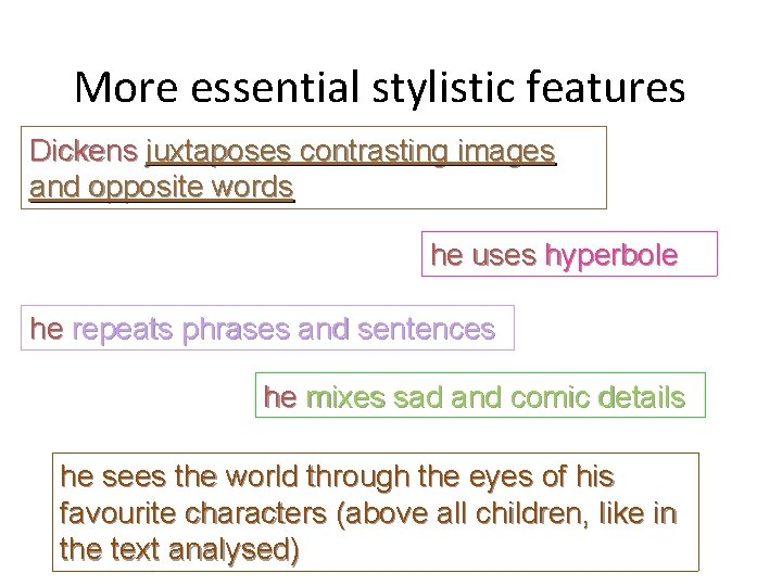 More essential stylistic features Dickens juxtaposes contrasting images and opposite words he uses hyperbole