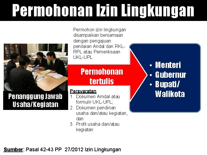 Permohonan Izin Lingkungan Permohon izin lingkungan disampaikan bersamaan dengan pengajuan penilaian Andal dan RKLRPL