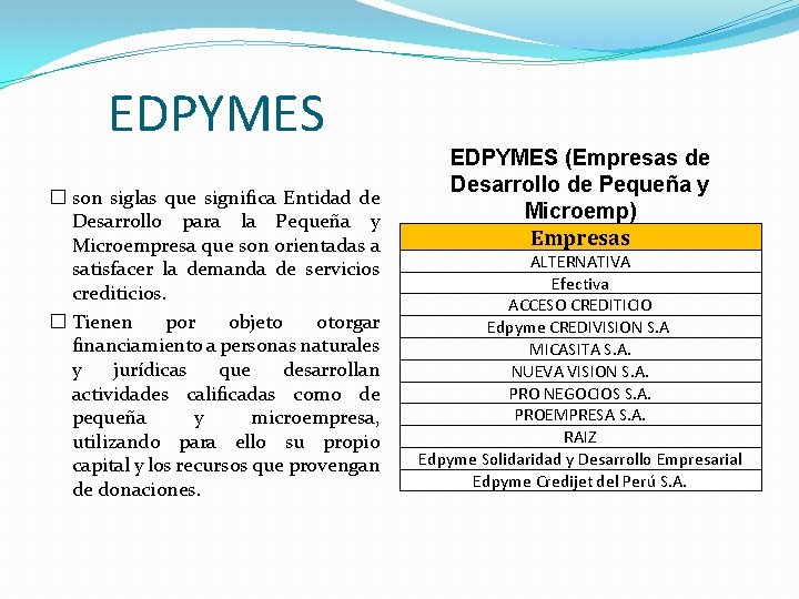 EDPYMES � son siglas que significa Entidad de Desarrollo para la Pequeña y Microempresa